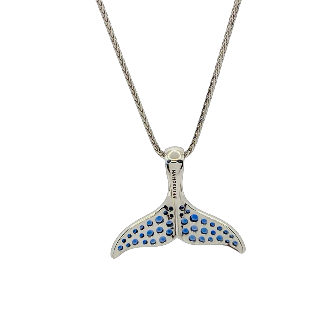 14K White Gold Na Hoku Whale Tail Pendant with Blue Sapphires 40153