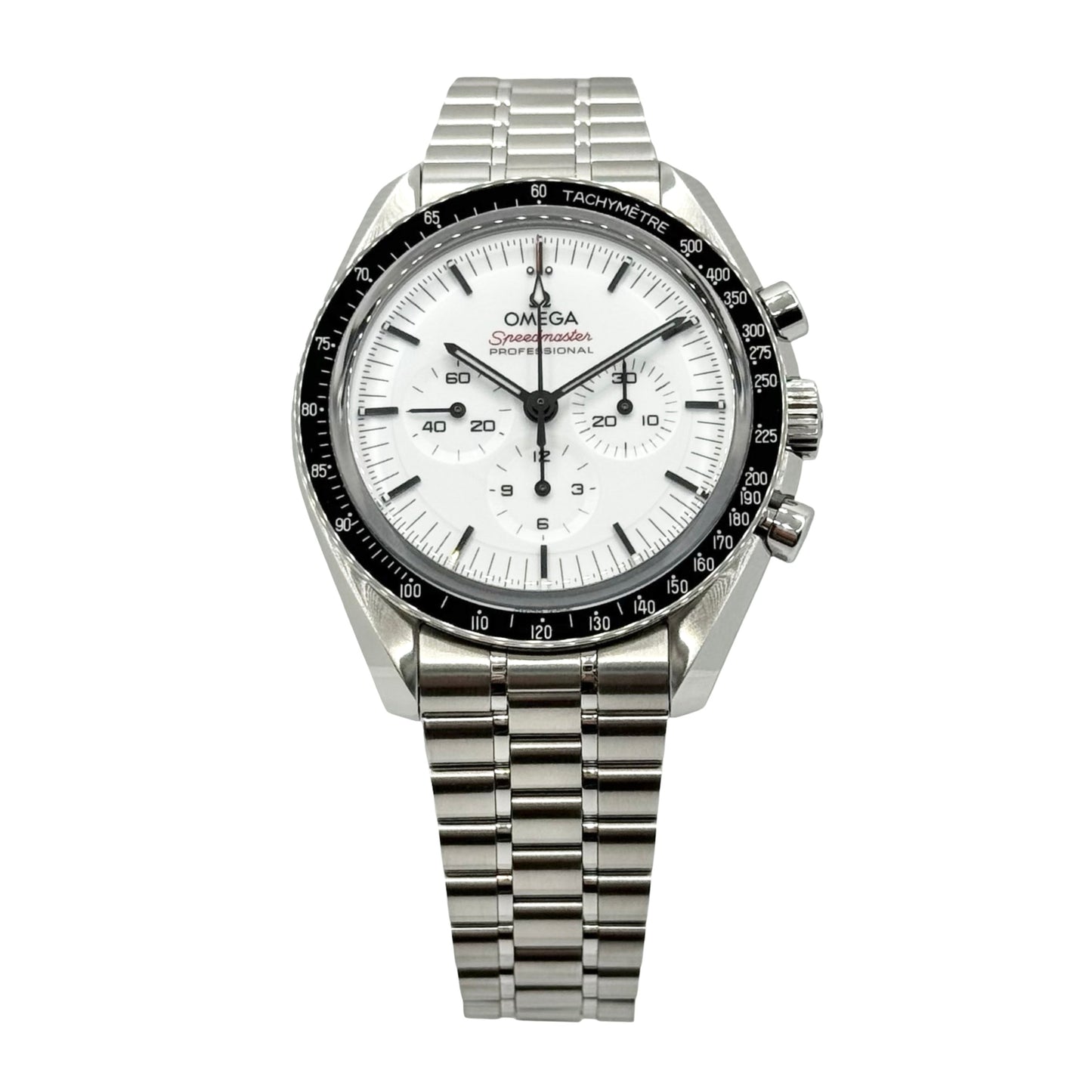 Silver Omega watch with a white face on a white background