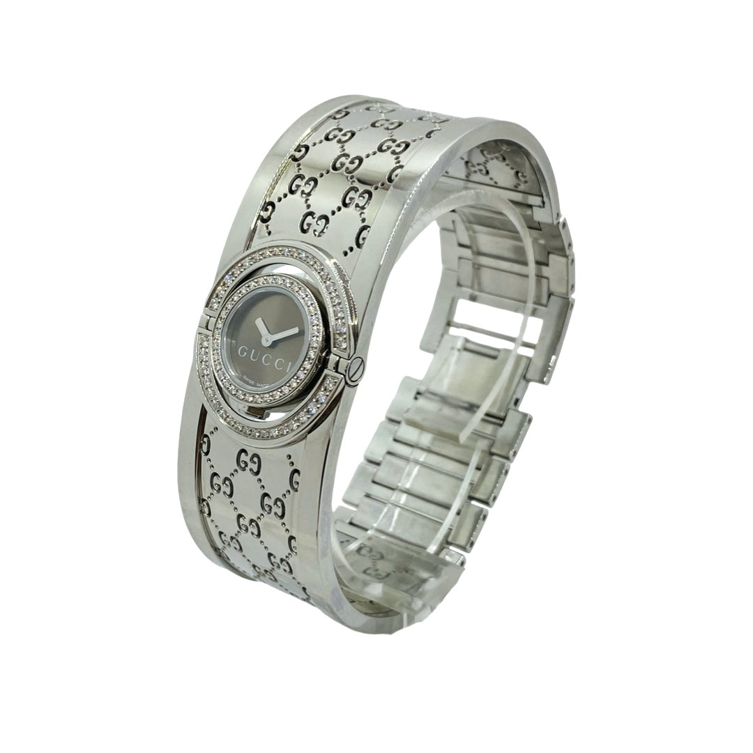 Gucci Twirl Bangle 112L Small Double Row Diamond Bezel Brown Dial YA112504