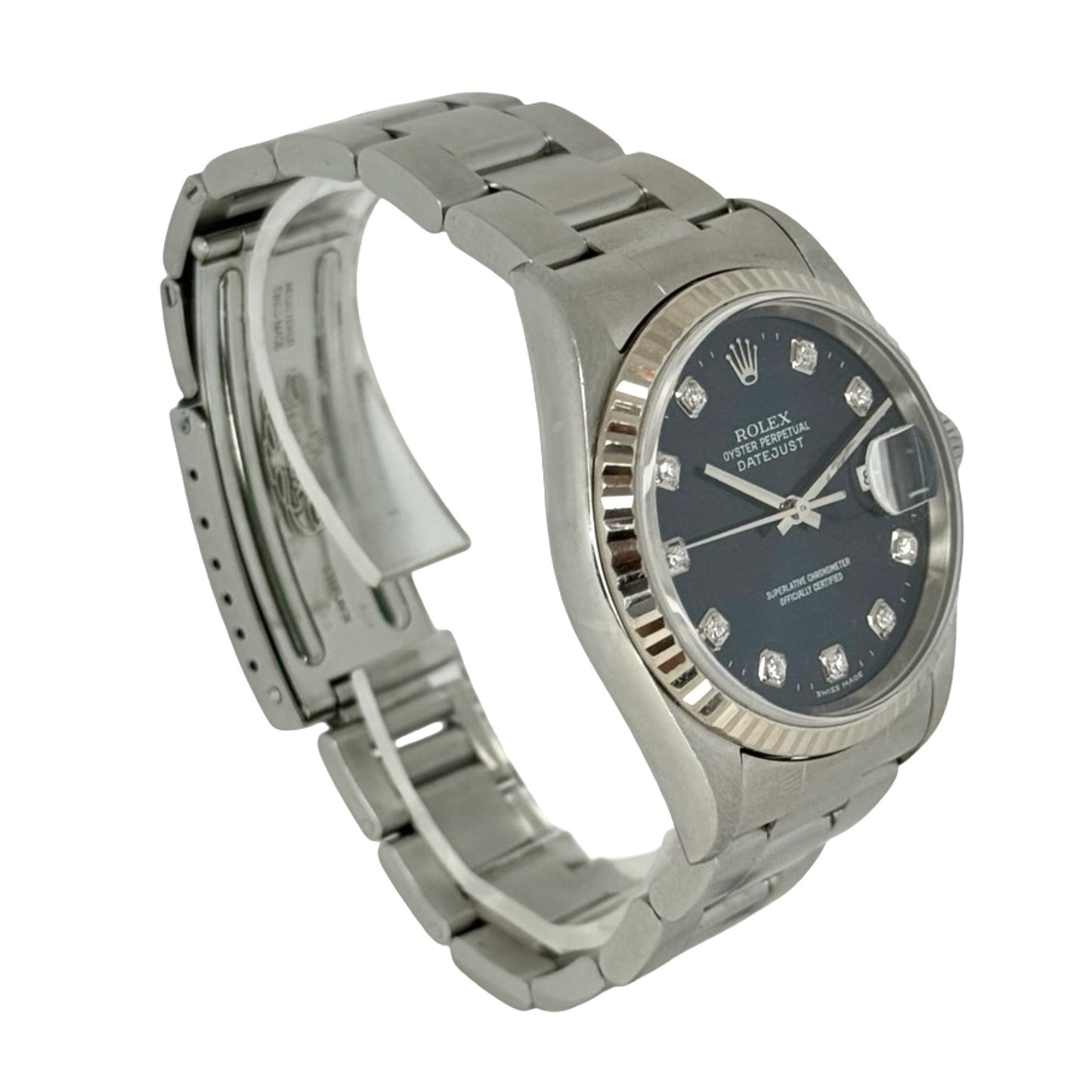 Rolex Datejust 36mm Factory Diamond Blue Dial Fluted Bezel Oystersteel Bracelet 16234