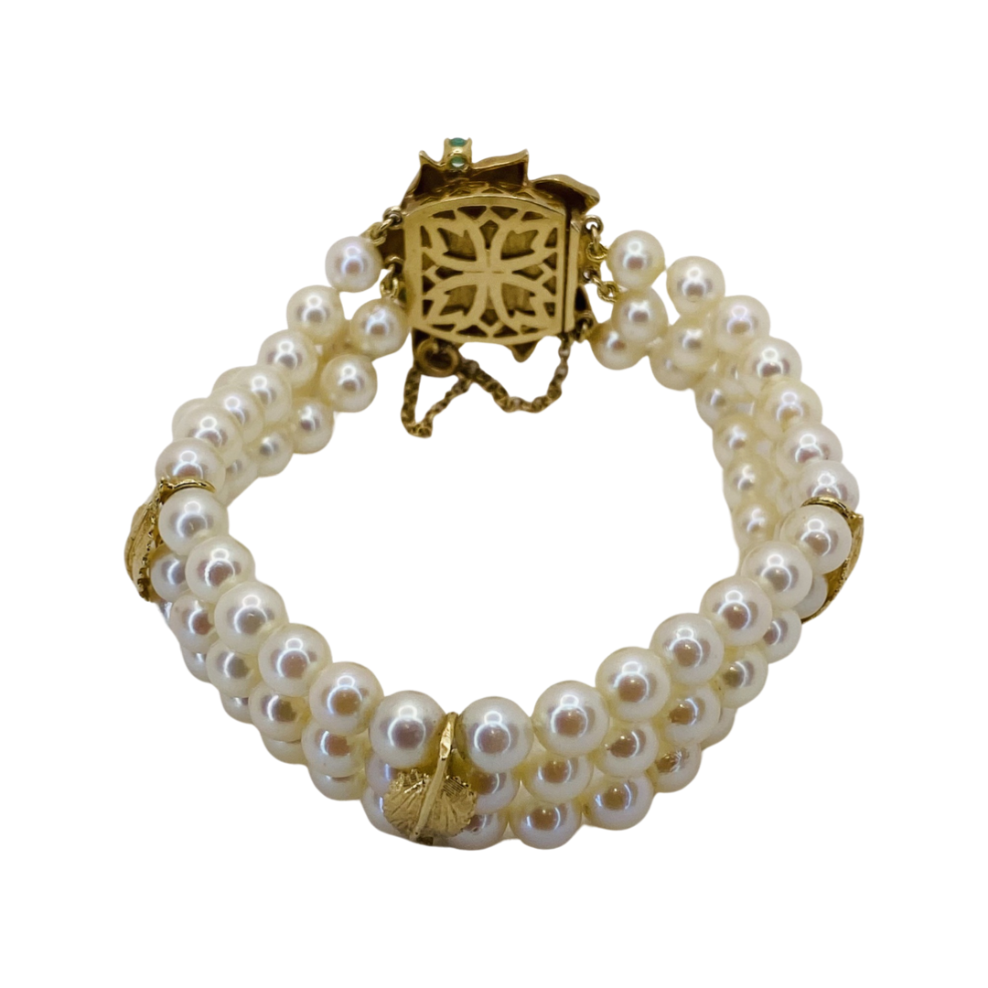 Estate Jewelry 14K Yellow Gold Three-Strand Pearl Bracelet