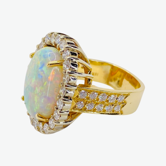 Estate Jewelry 18K Yellow Gold Oval White Opal and Diamond Ring