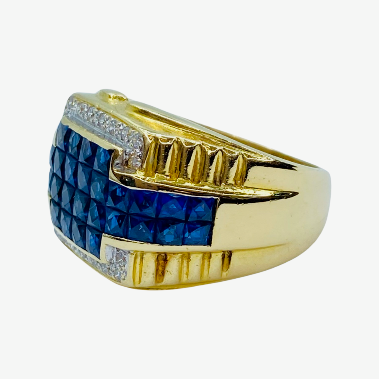Estate Jewelry Mens 18K Yellow Gold Blue Sapphire and Diamond Ring