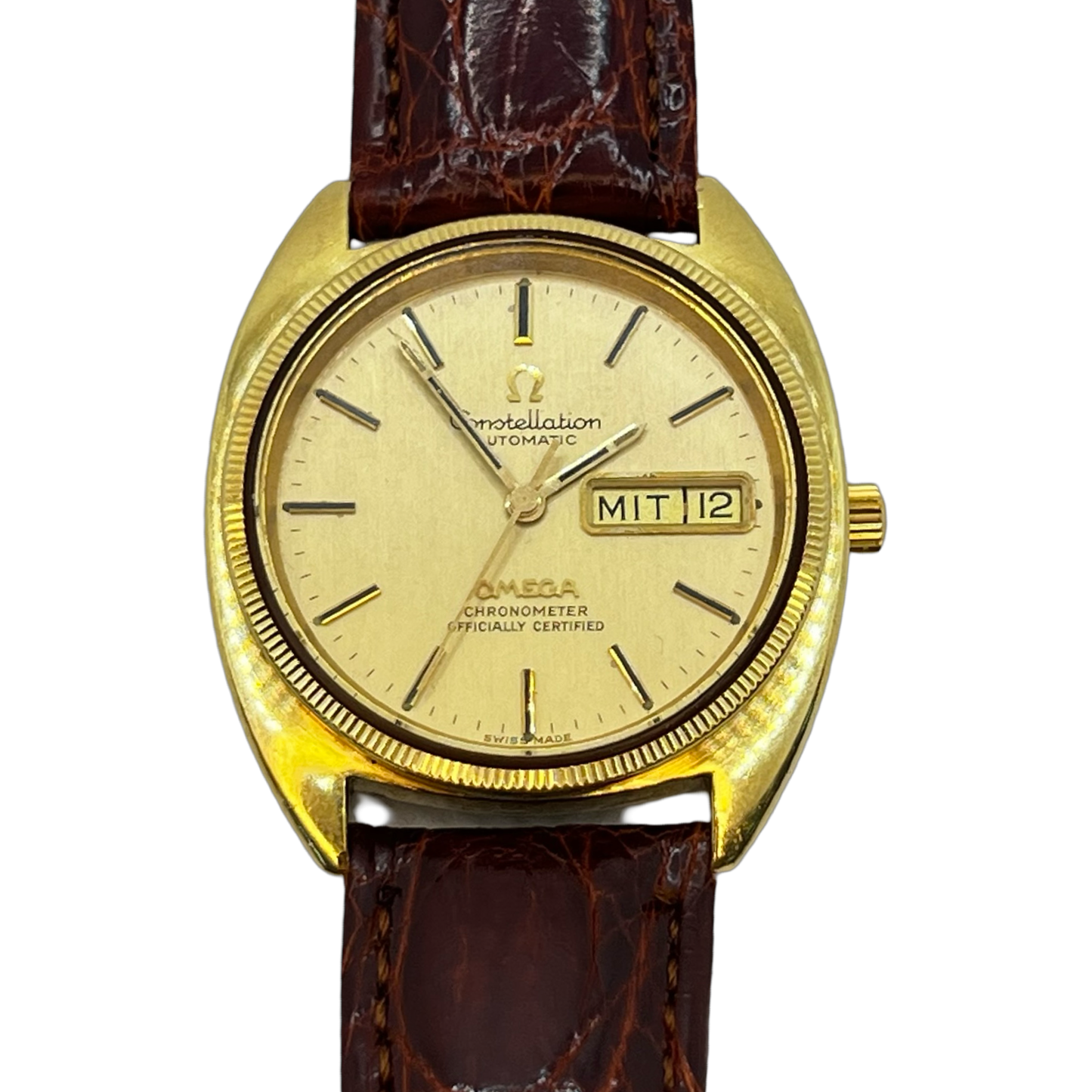 Omega Constellation "C" Automatic Day/Date 14K Gold Bezel Champagne Dial 168.0057