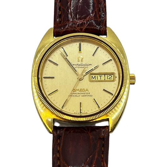 Omega Constellation "C" Automatic Day/Date 14K Gold Bezel Champagne Dial 168.0057