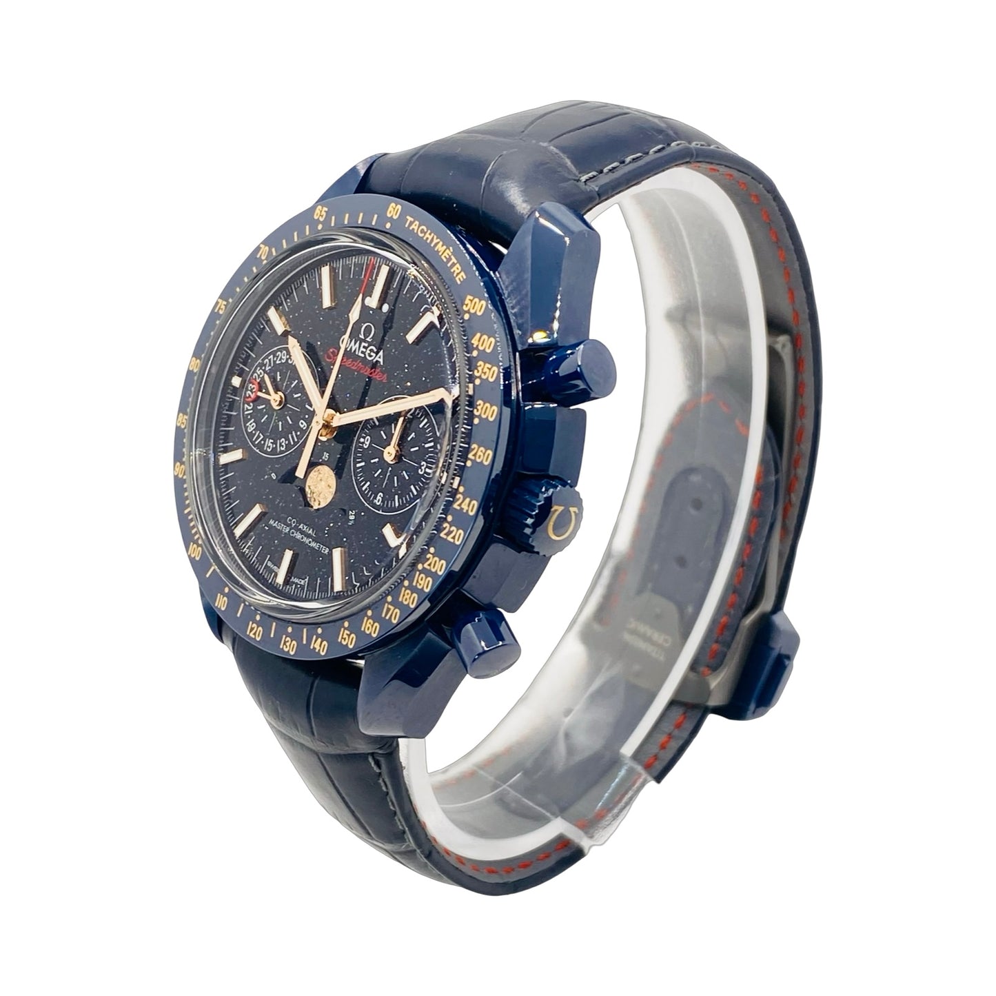 Omega Speedmaster Moonphase Blue Side of the Moon 44.25mm Blue Ceramic on Leather Strap 304.93.44.52.03.002