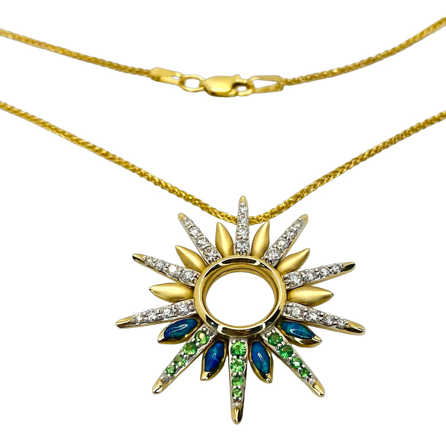 14K Yellow Gold Na Hoku Large Green Flash Sunset Pendant with Opal Inlay, Tsavorites and Diamonds 44747