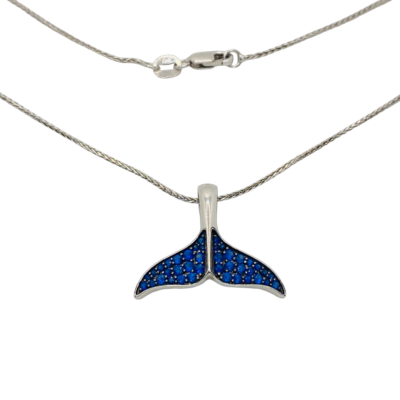 14K White Gold Na Hoku Whale Tail Pendant with Blue Sapphires 40153