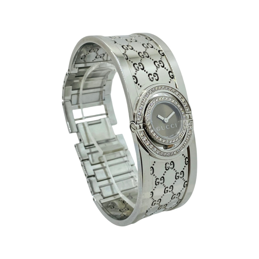 Gucci Twirl Bangle 112L Small Double Row Diamond Bezel Brown Dial YA112504