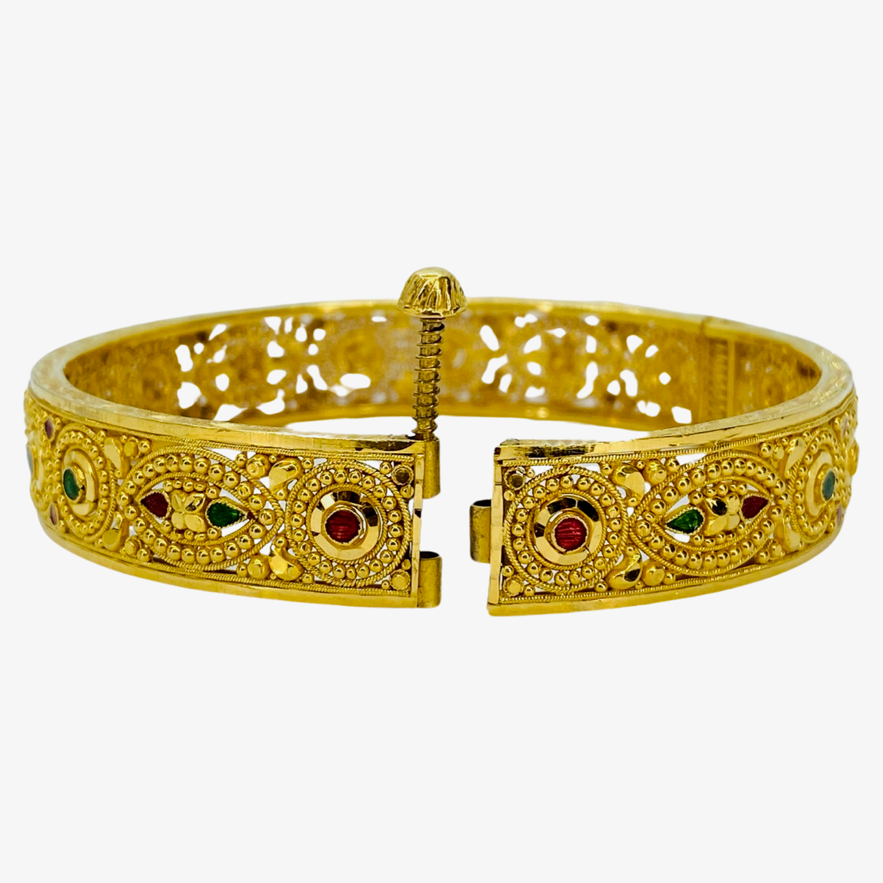Estate Jewelry 24K Yellow Gold Bangle Bracelet with Red and Green Enamel