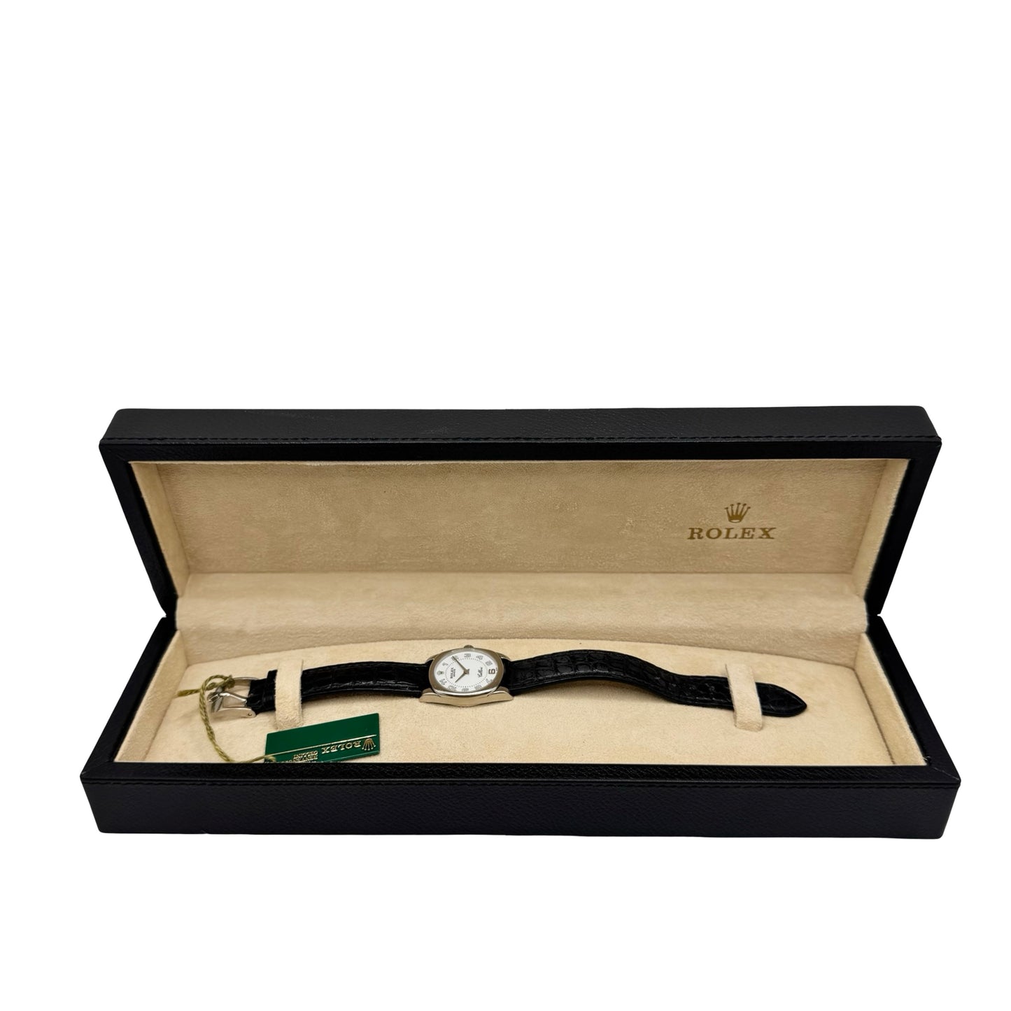 Rolex Cellini Danaos 18K White Gold White Dial Black Leather Strap 6229/9