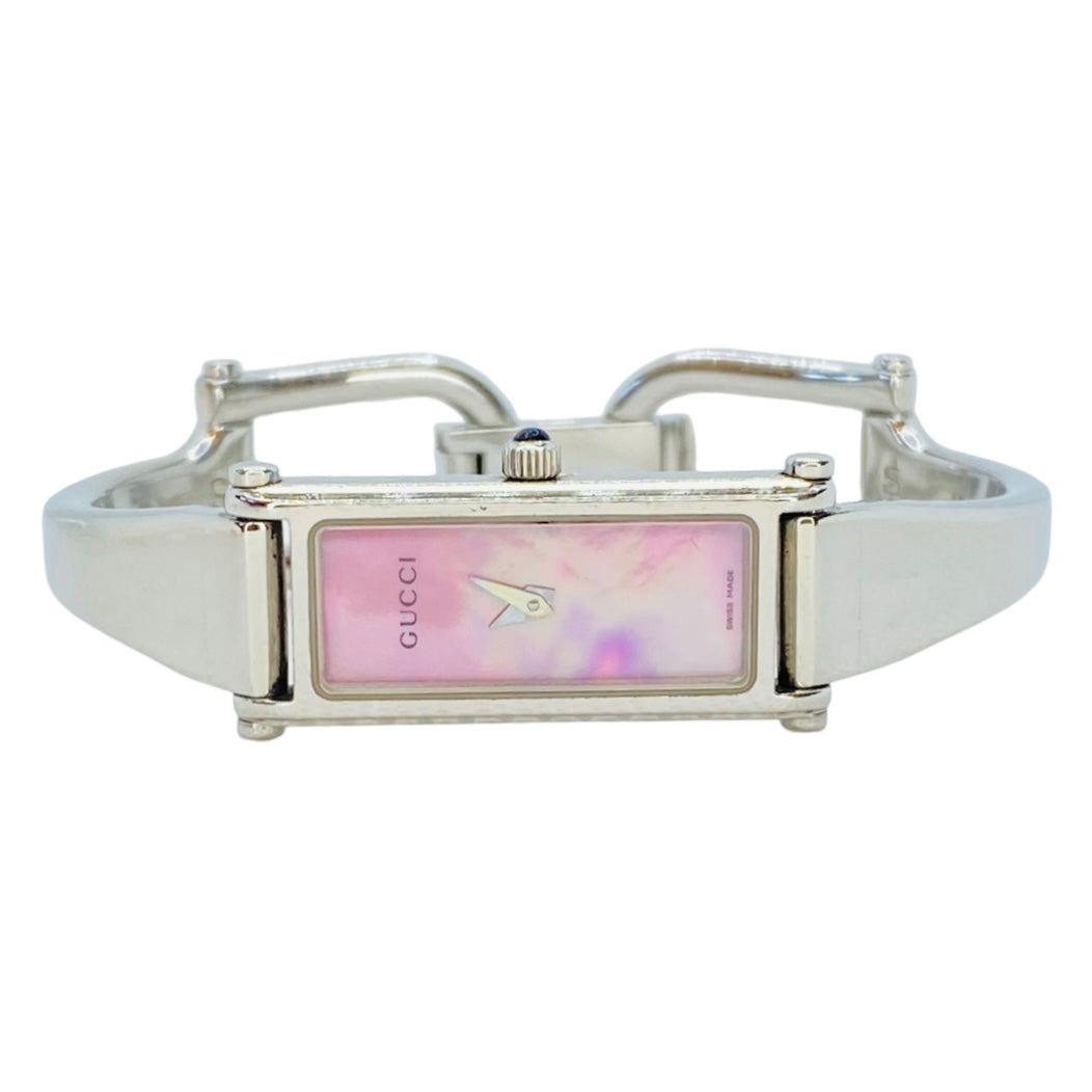 Gucci 1500L Small Rectangular Bangle Watch Pink Mother-of-Pearl Dial YA015509