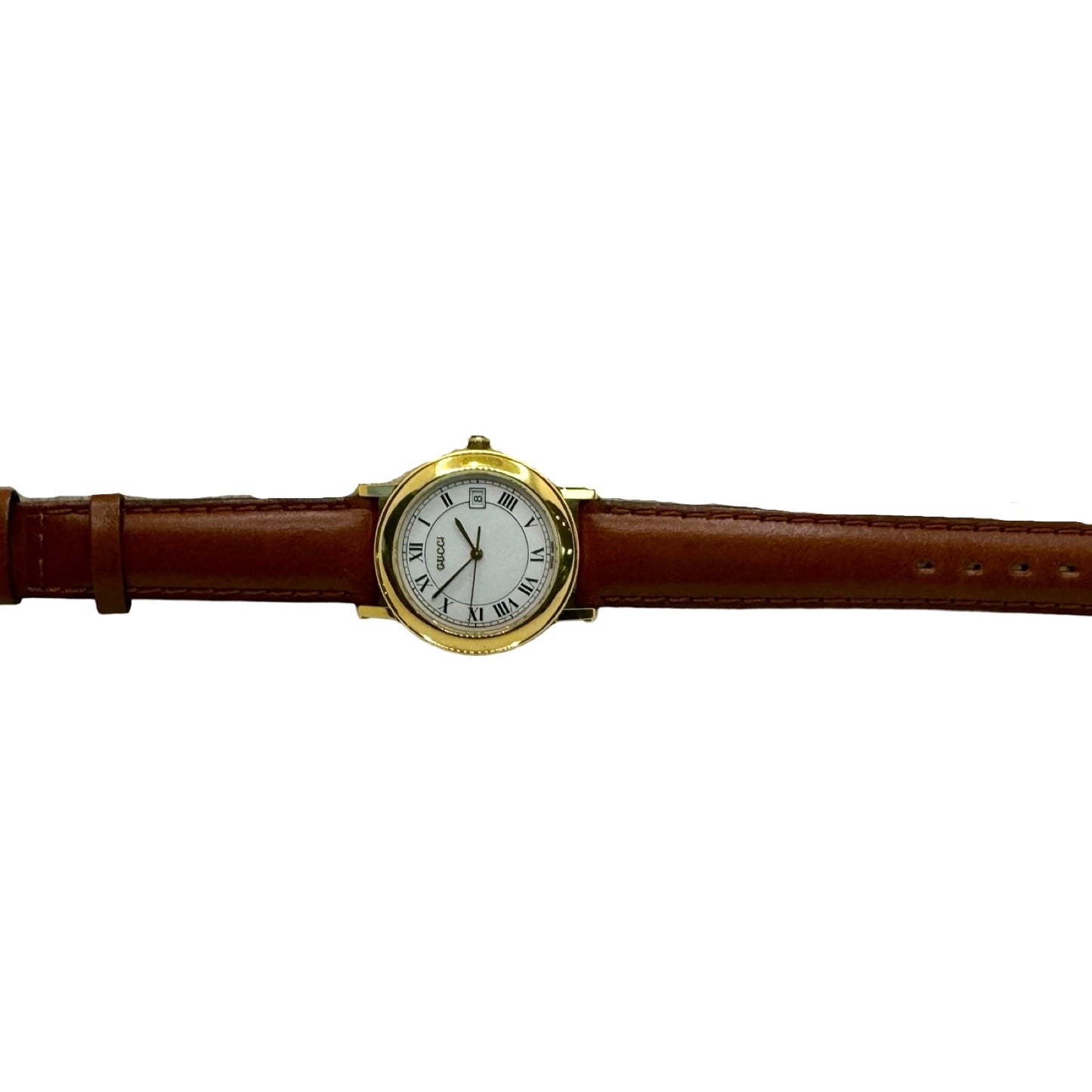 Gucci 7200M 18K Goldplated Case White Dial Brown Leather Strap