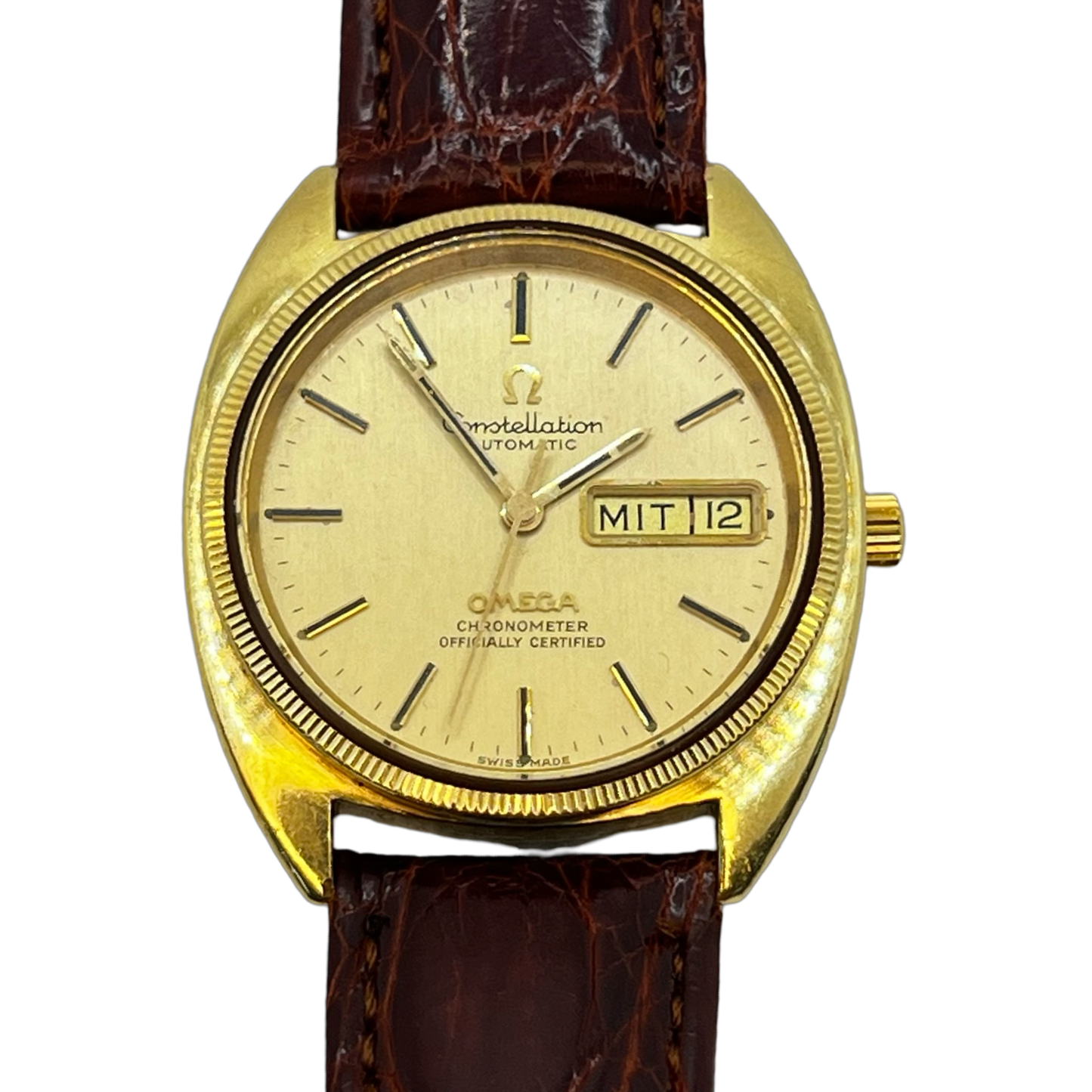 Omega Constellation "C" Automatic Day/Date 14K Gold Bezel Champagne Dial 168.0057