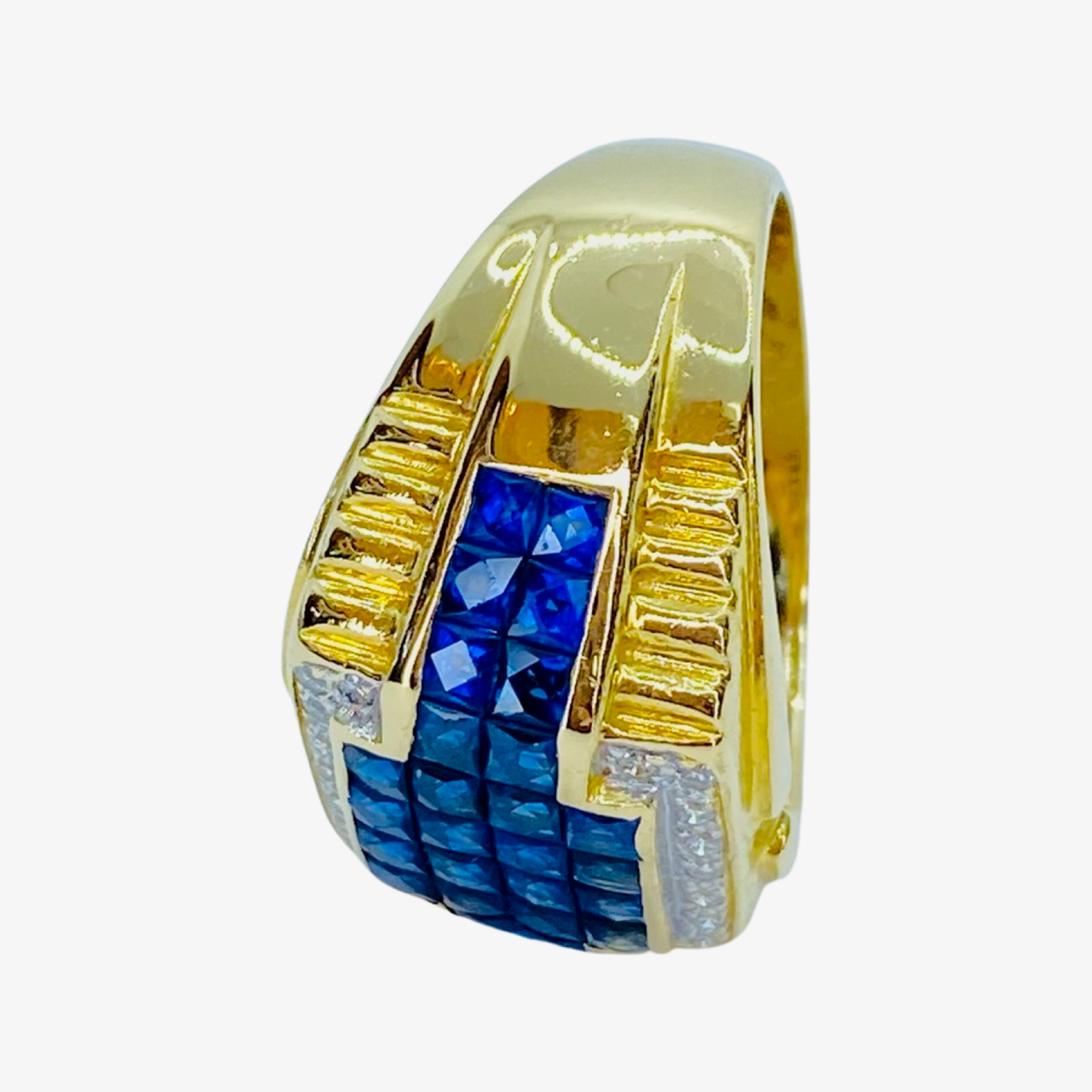 Estate Jewelry Mens 18K Yellow Gold Blue Sapphire and Diamond Ring