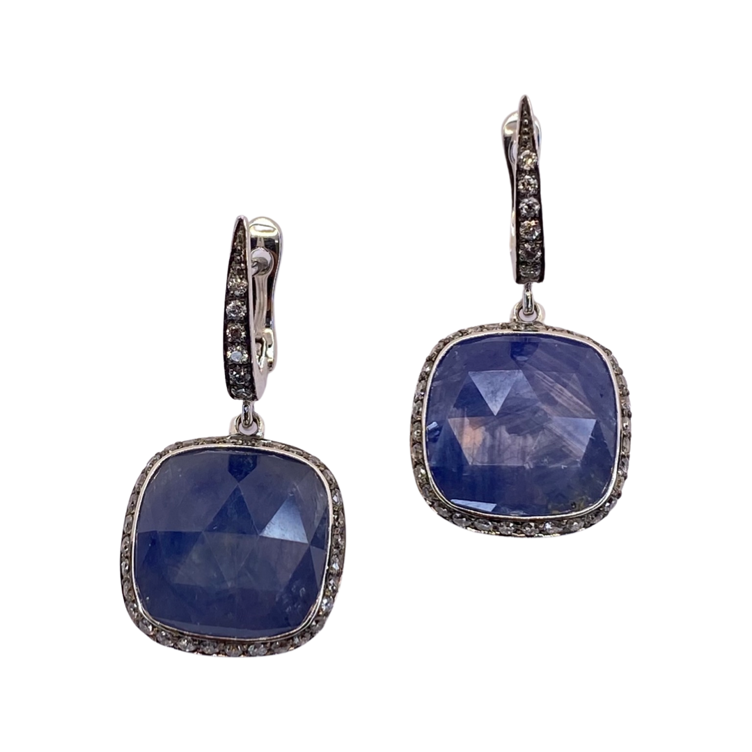 18K White Gold Blue Sapphire & Diamond Dangle Earrings