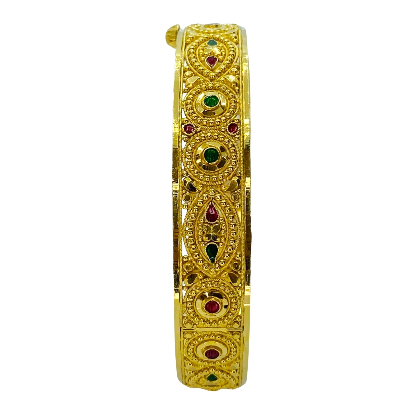 Estate Jewelry 24K Yellow Gold Bangle Bracelet with Red and Green Enamel