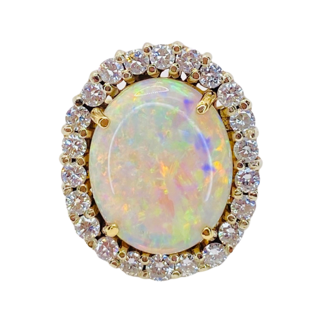 Estate Jewelry 18K Yellow Gold Oval White Opal and Diamond Ring