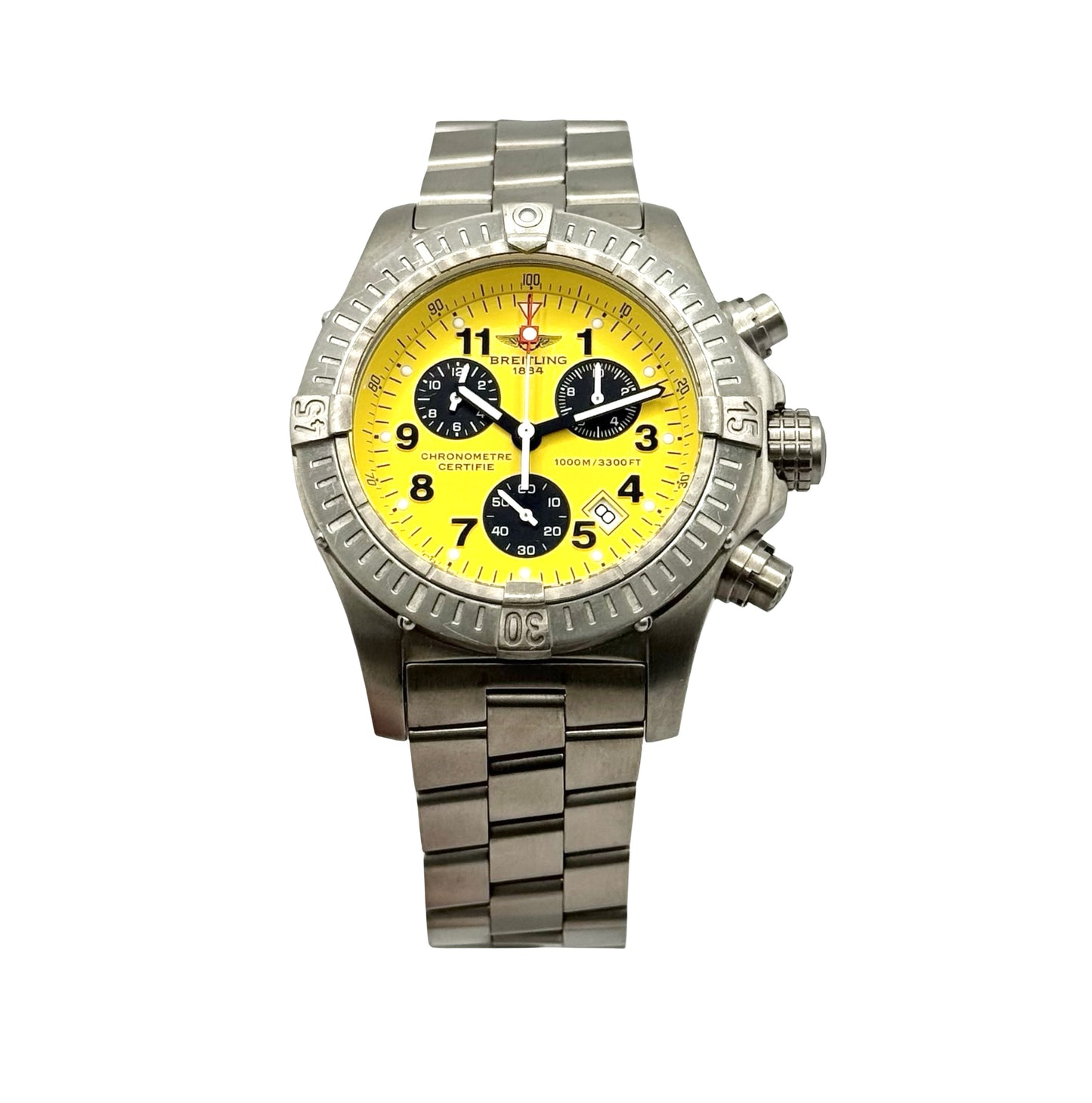 Breitling Chrono Avenger M1 Quartz 44mm Yellow Dial Steel Bracelet E73360