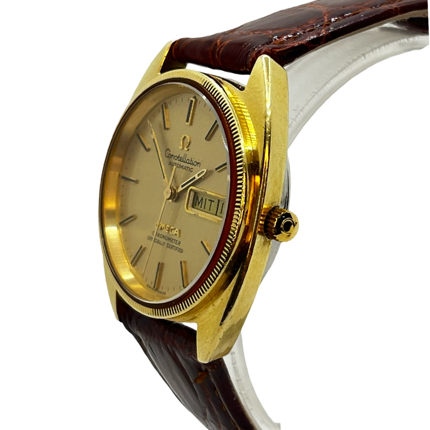 Omega Constellation "C" Automatic Day/Date 14K Gold Bezel Champagne Dial 168.0057