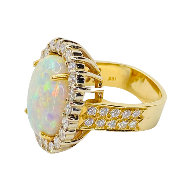 Estate Jewelry 18K Yellow Gold Oval White Opal and Diamond Ring