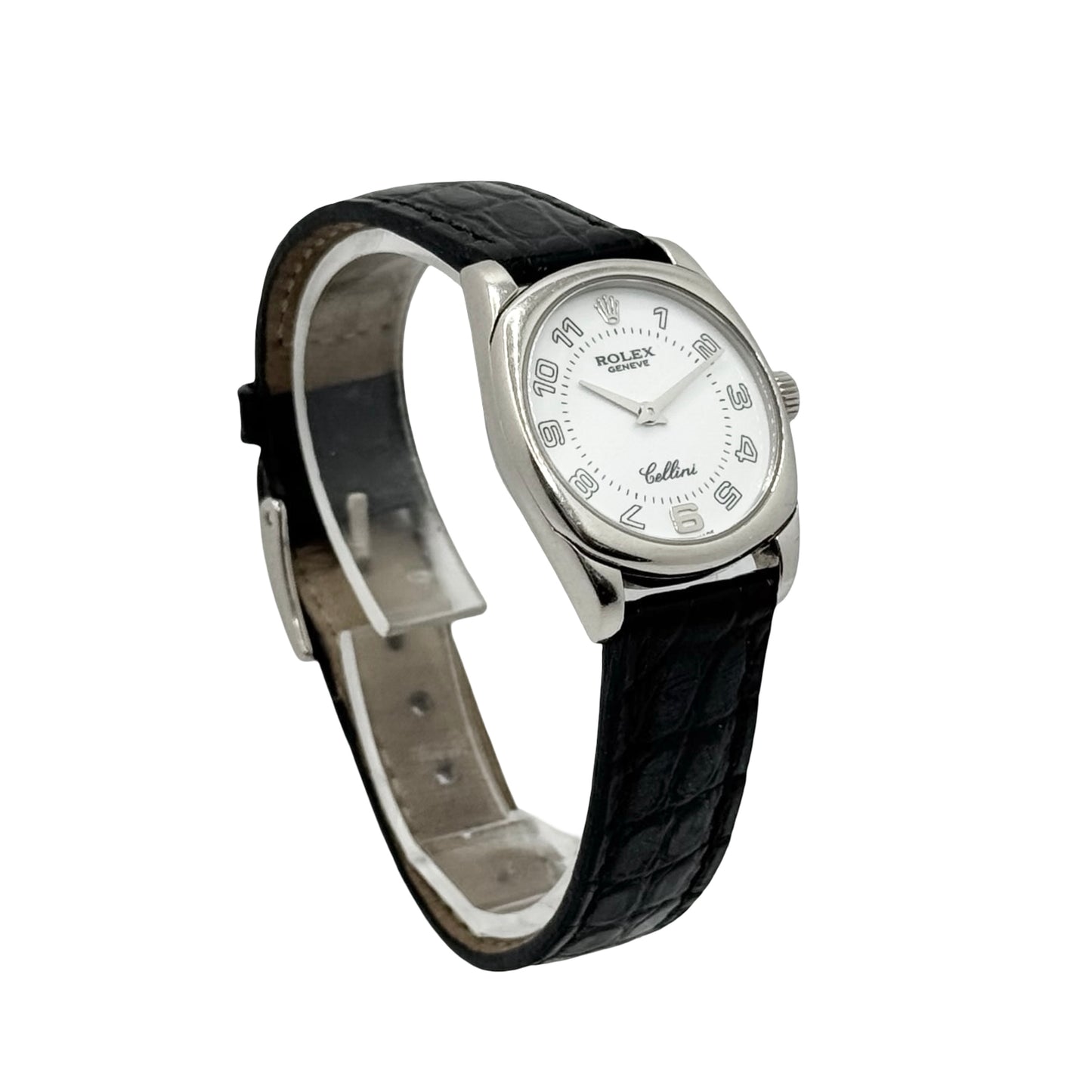 Rolex Cellini Danaos 18K White Gold White Dial Black Leather Strap 6229/9