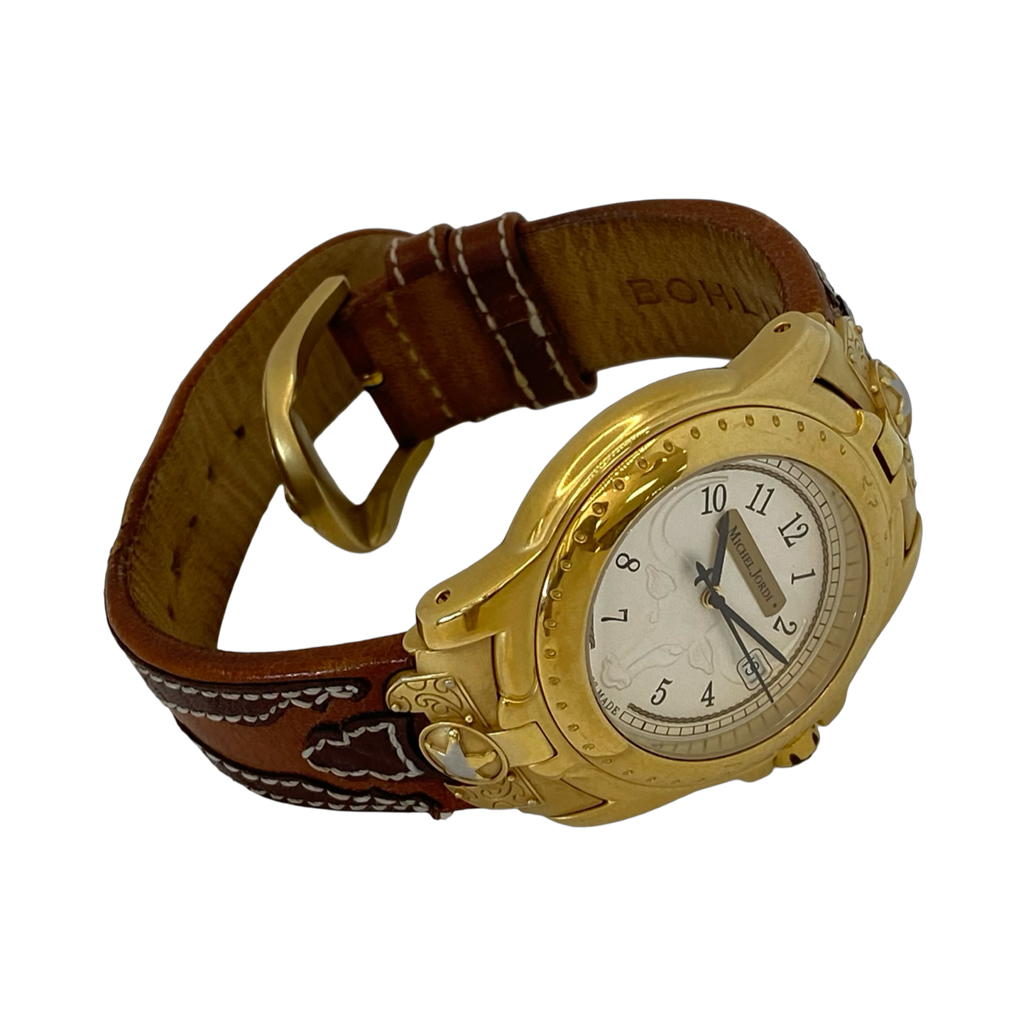 Michel Jordi Spirit of the West Quartz Gold Tone  Brown Leather Strap 8100