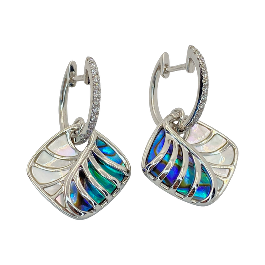 14K White Gold Frederic Sage Venus Cushion Natural Mother-of-Pearl and Abalone Shell Diamond Earrings