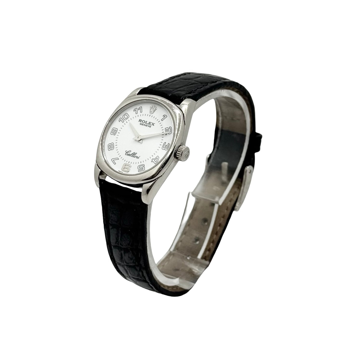 Rolex Cellini Danaos 18K White Gold White Dial Black Leather Strap 6229/9