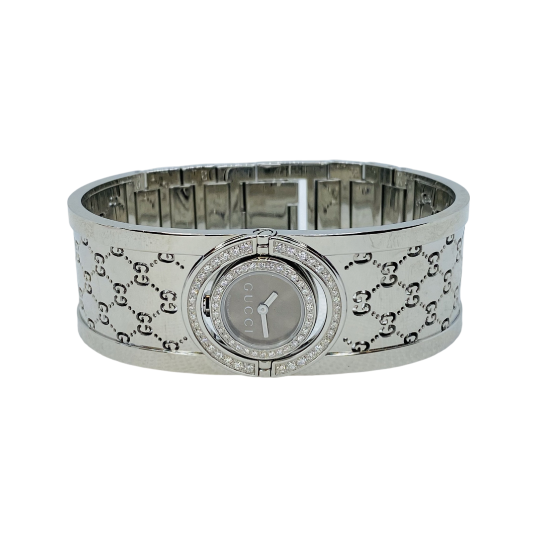 Gucci Twirl Bangle 112L Small Double Row Diamond Bezel Brown Dial YA112504