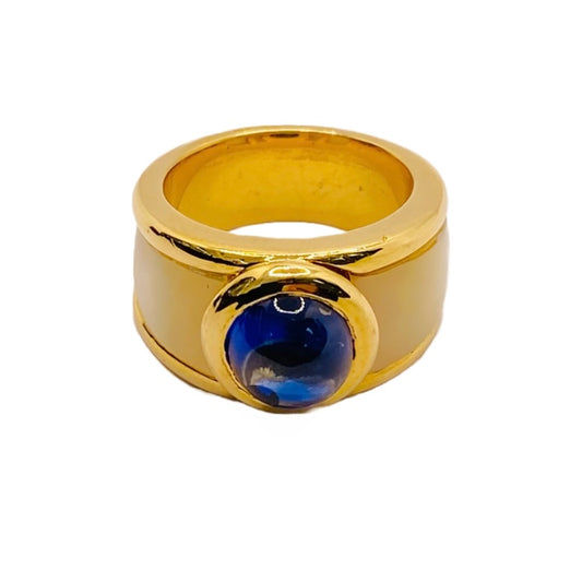 Estate Jewelry 18K Yellow Gold Wide Band Blue Sapphire Cabochon Ring