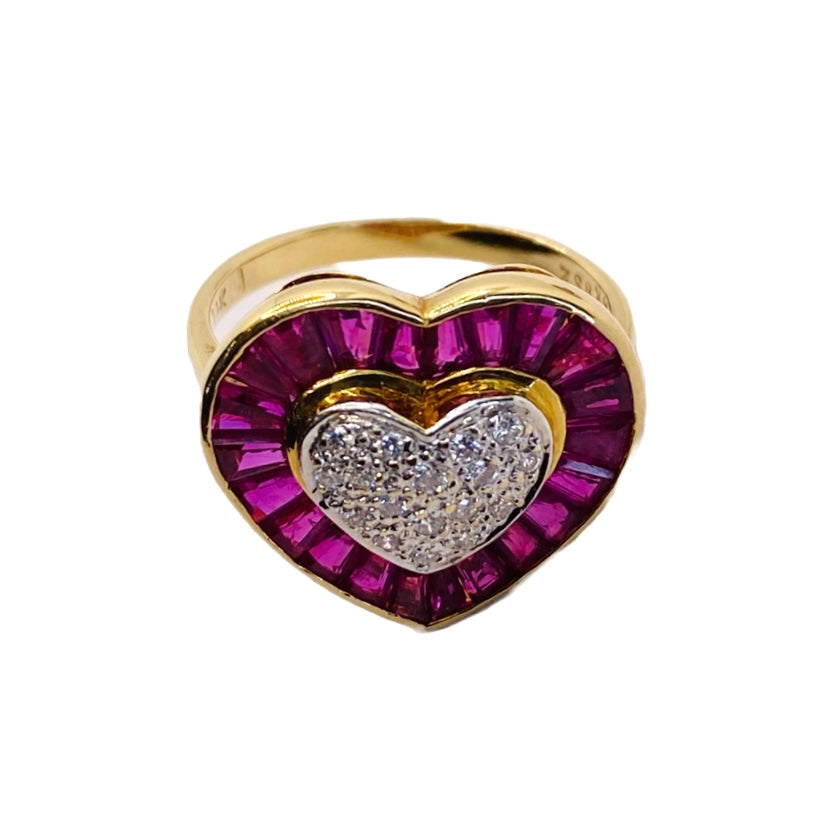 Estate Jewelry 14K Yellow Gold Rubies and Diamond Heart Necklace, Ring and Earring Set