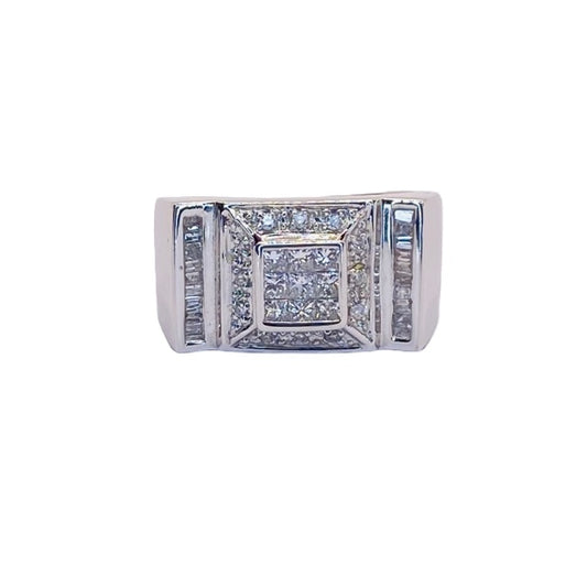 14K White Gold Mens Diamond Ring Princess Cut