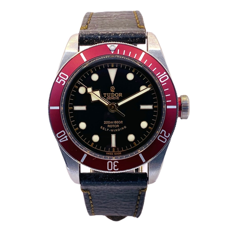 Tudor Black Bay Smiley Black Dial Red Bezel Brown Leather 79220R
