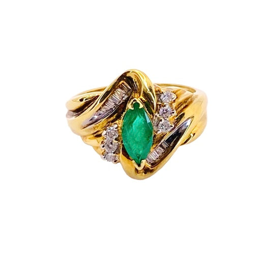 Estate Jewelry 14K Yellow Gold Marquise Emerald and Diamond Ring