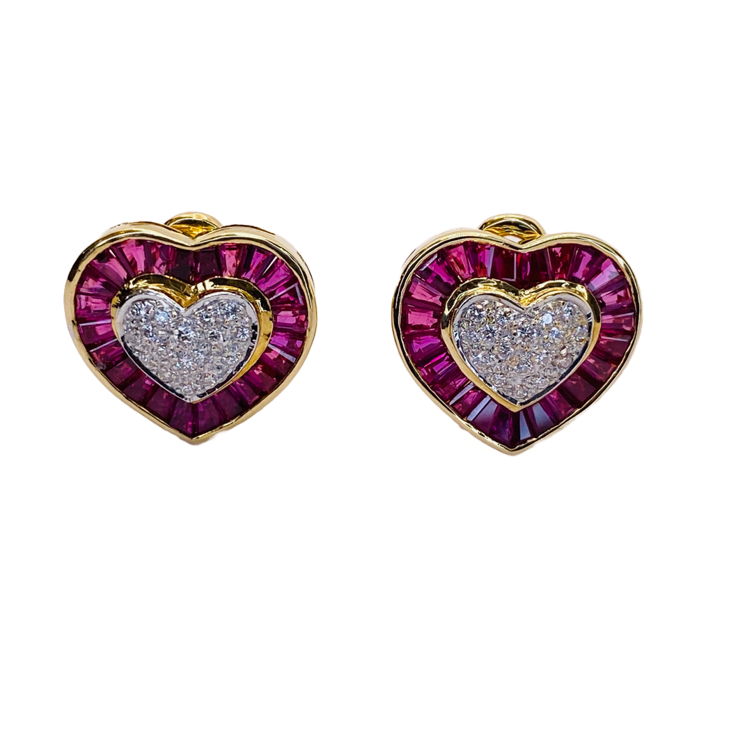 Estate Jewelry 14K Yellow Gold Rubies and Diamond Heart Necklace, Ring and Earring Set