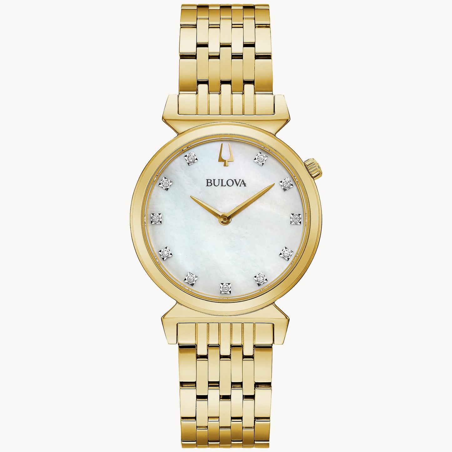 Bulova Classic Regatta Gold Tone White Mother-of-Pearl Diamond Dial 97P149