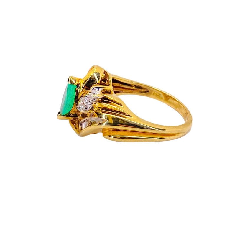 Estate Jewelry 14K Yellow Gold Marquise Emerald and Diamond Ring