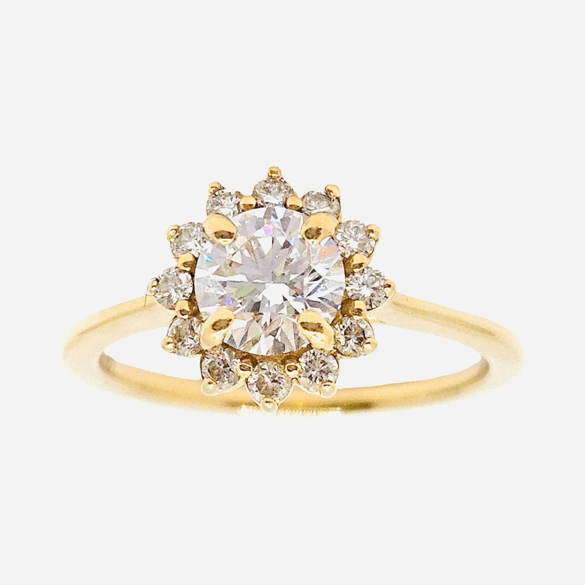 Lab Grown Diamond Round Brilliant Center Stone 0.93 Carat E,VVS2 Women's 18K Yellow Gold Sunburst Halo Ring