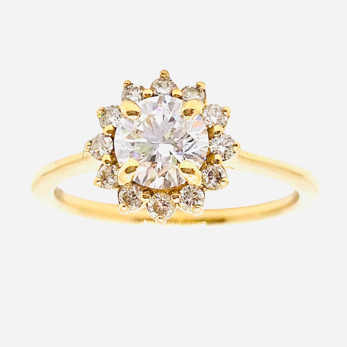 Lab Grown Diamond Round Brilliant Center Stone 0.93 Carat E,VVS2 Women's 18K Yellow Gold Sunburst Halo Ring