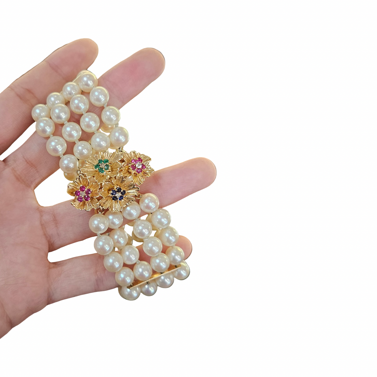Estate Jewelry 14K Yellow Gold 4-Strand Round Pearl Bracelet with Fancy Gemstone Clasp