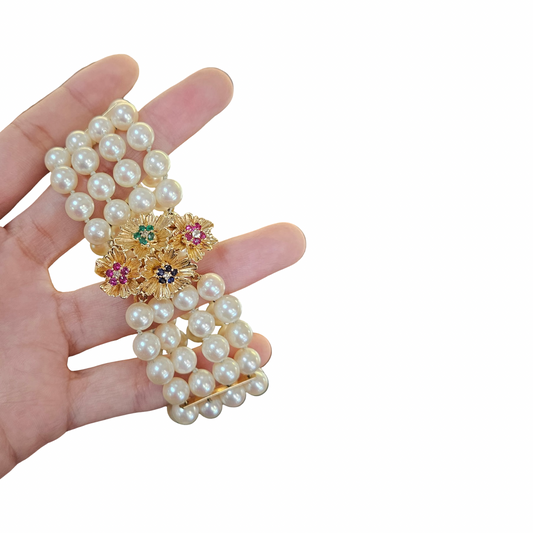 Estate Jewelry 14K Yellow Gold 4-Strand Round Pearl Bracelet with Fancy Gemstone Clasp