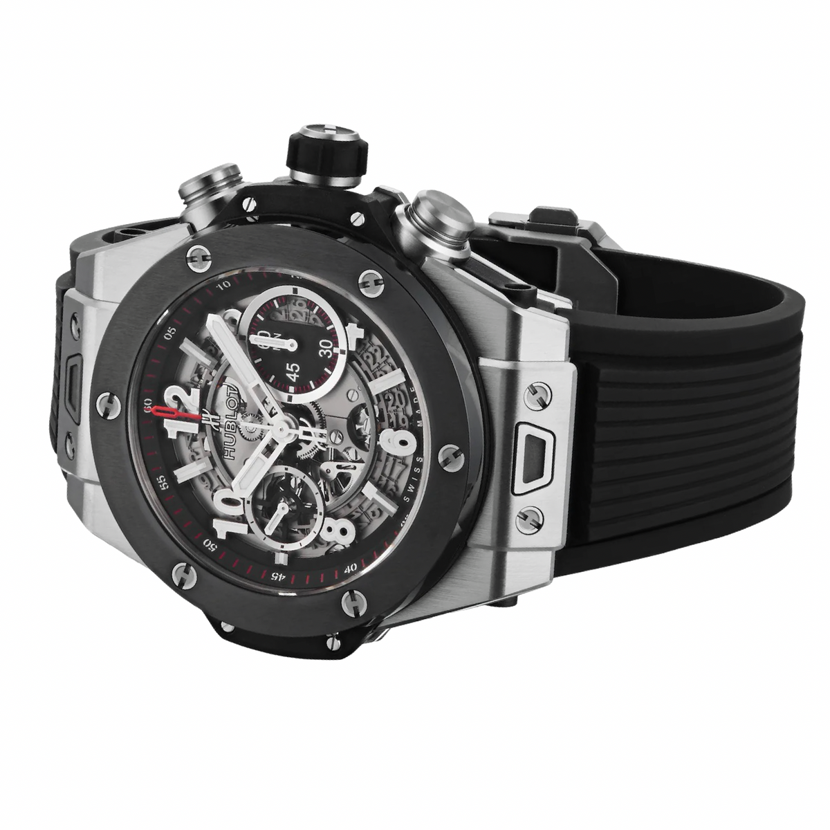 Hublot Big Bang Unico Titanium Ceramic 45mm Automatic Flyback Chronograph Silver Skeleton Dial Rubber Strap 411.NM.1170.RX