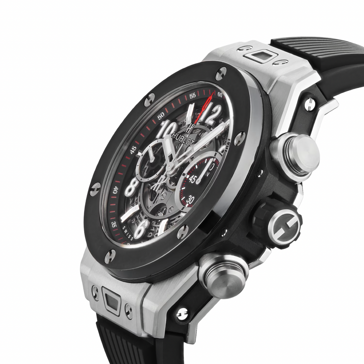Hublot Big Bang Unico Titanium Ceramic 45mm Automatic Flyback Chronograph Silver Skeleton Dial Rubber Strap 411.NM.1170.RX