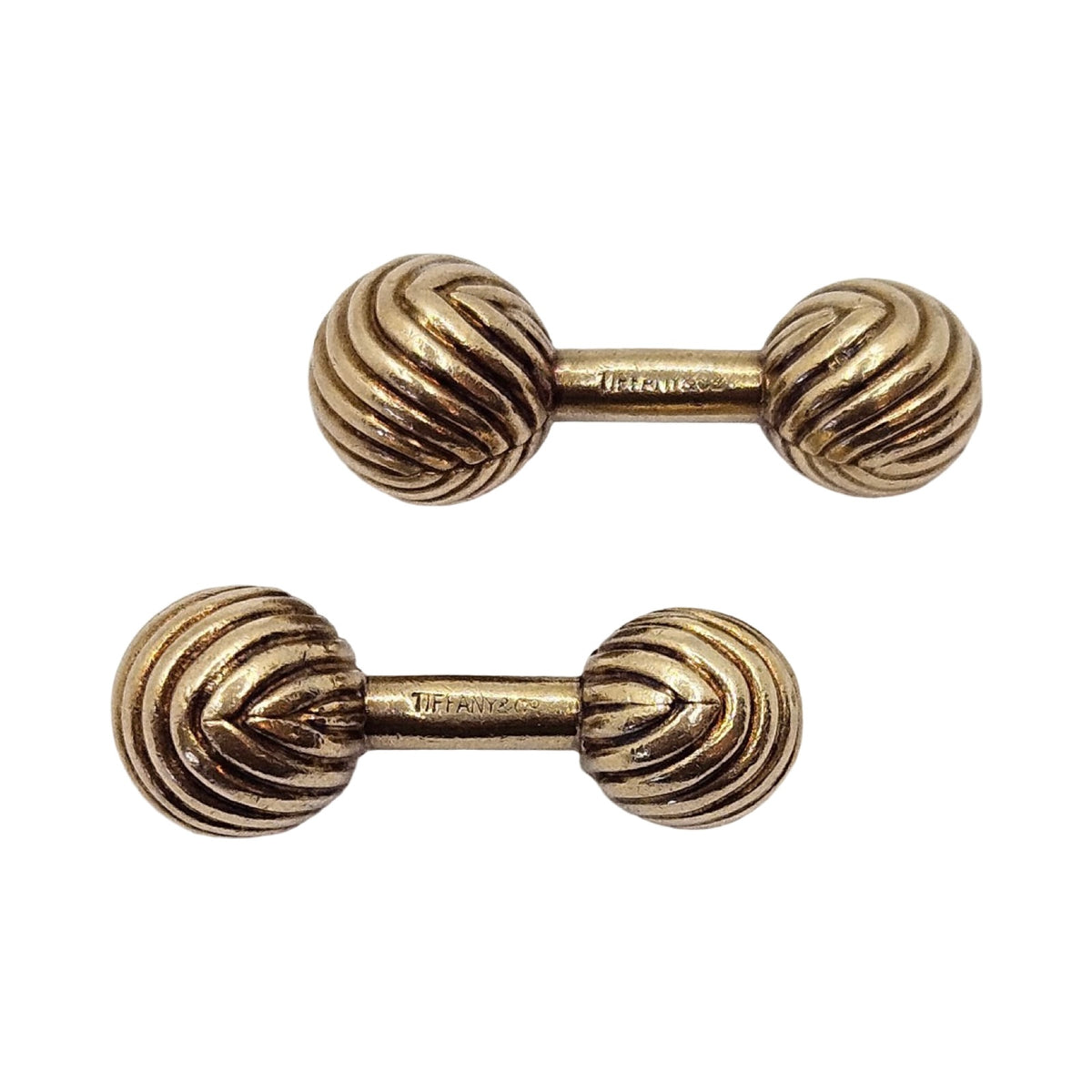 Estate Jewelry Tiffany & Co 14K Yellow Gold Ribbed Ball Barbell Cuff Links