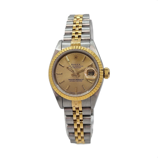 Rolex Datejust 26mm 18K Gold and Steel Fluted Bezel Champagne Stick Dial Jubilee Bracelet 69173 C.1995