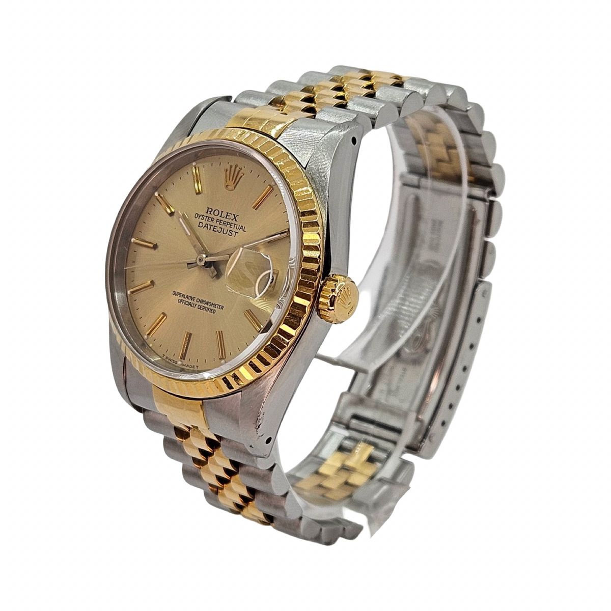 Rolex Datejust 36mm 18K Gold and Steel Champagne Stick Dial Fluted Bezel Jubilee Bracelet 16233 C.1987