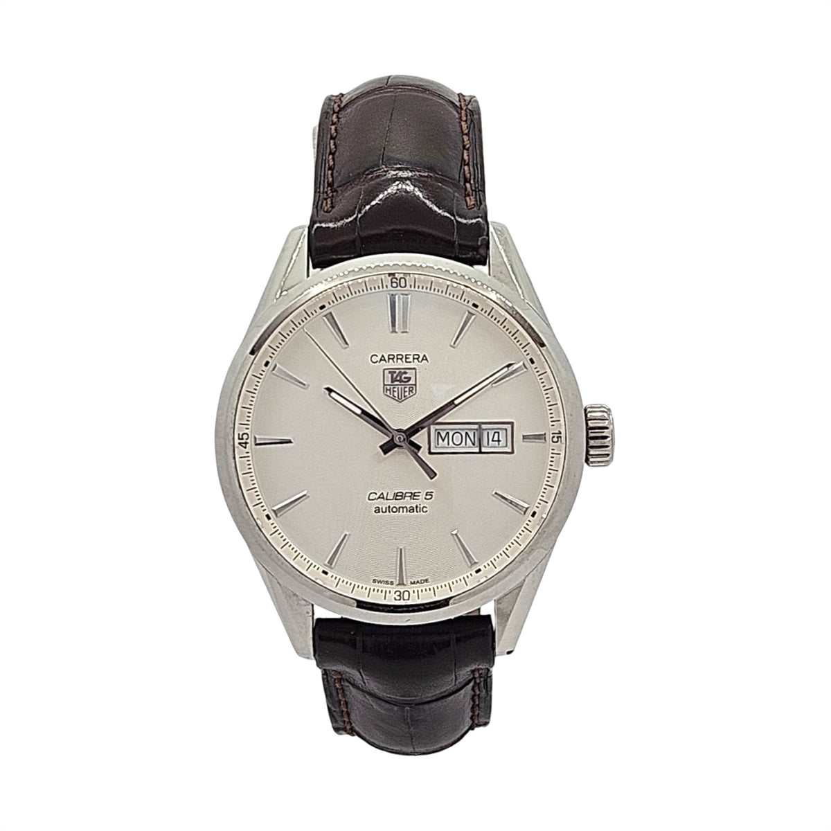 TAG Heuer Carrera 41mm Automatic Caliber 5 Day Date Stainless Steel Silver Dial Brown Alligator WAR201B.FC6291