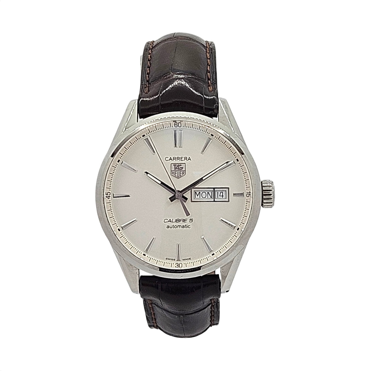 TAG Heuer Carrera 41mm Automatic Caliber 5 Day Date Stainless Steel Silver Dial Brown Alligator WAR201B.FC6291