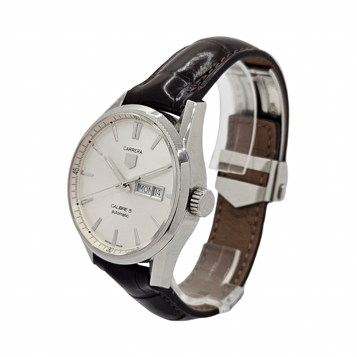 TAG Heuer Carrera 41mm Automatic Caliber 5 Day Date Stainless Steel Silver Dial Brown Alligator WAR201B.FC6291